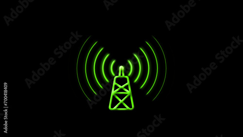Radio antenna icon with technology tower icon network system on black background.