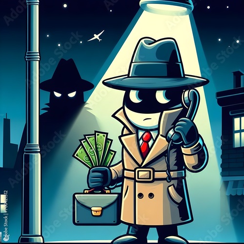 Suspicious shady deal with agent spies at night graphic illustration