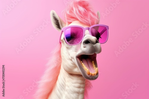A white llama with a pink mohawk and purple sunglasses, pink background