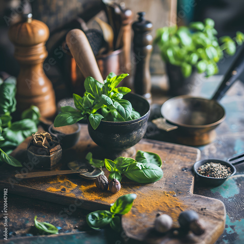 Composition of fresh basil and kitchen utensils, spices, on the kitchen table