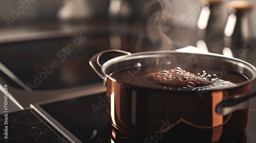 A pot of hot chocolate sitting on a stove top. Perfect for cozy winter scenes or holiday-themed projects