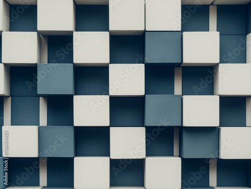 blue and white boxes arranged along the wall, in the style of extruded design, flat color blocks, texture-rich surfaces, physically based rendering, eco-friendly craftsmanship