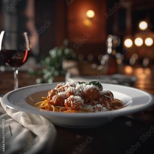 Italian Feast: Flavorful Penne Pasta with Succulent Meatballs in a Creamy Alfredo Sauce, Topped with Grated Parmesan and Fresh Basil