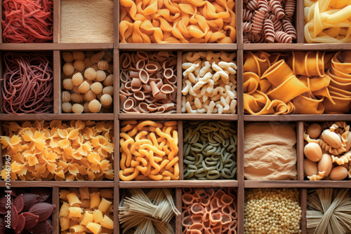 layout of Italian raw pasta, top view, different types and shapes of pasta, durum wheat noodles, close-up.