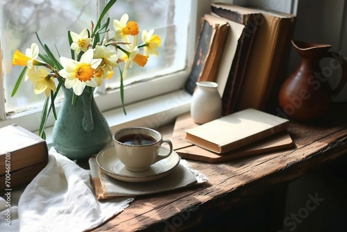 Cozy Easter spring still life. Greeting card mockup scene. Cup of coffee, books, wooden cutting board, milk pitcher and vase of flowers on windowsill. Floral composition. generative ai.