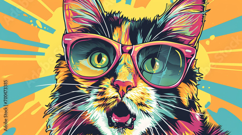 Wow pop art cat face. Cat with colorful glasses pop art background. Animals characters