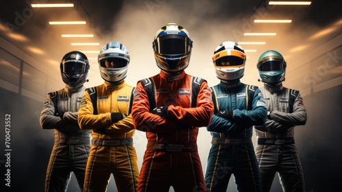 Formula drivers with their overalls and helmets looking at the camera with arms crossed on a straight line of the circuit. Generative AI.