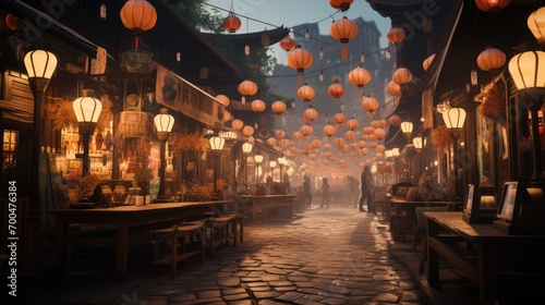 The street is lined with stalls, in the style of global illumination. Generative AI.