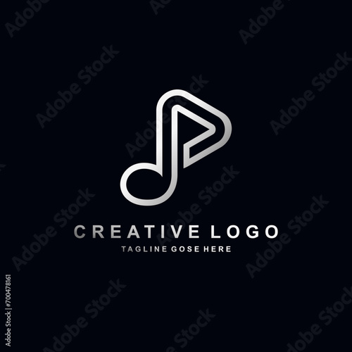 Music Media Logo with Play button and music tone sign on black background