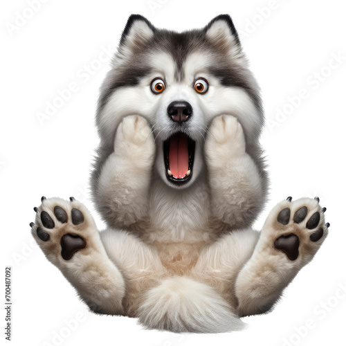 Funny siberian husky sitting and looking to surprised isolated on transparent background. Cute dog shocking for something. Funny dog yawning.