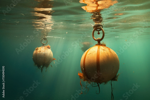 Two buoys suspended underwater with the sun's reflection dancing on the surface, invoking a serene marine atmosphere.