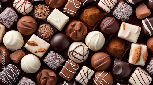 top view of variety chocolate pralines full Many different delicious chocolate background