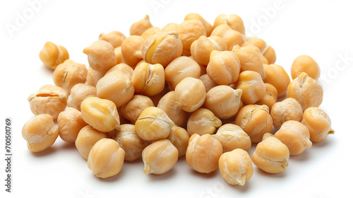 A collection of chickpeas captured in a top view, set against a white isolated background
