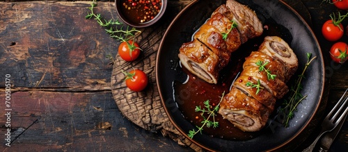 Beef roulades with onion mustard pickle bacon filling and delicious brown gravy. Creative Banner. Copyspace image