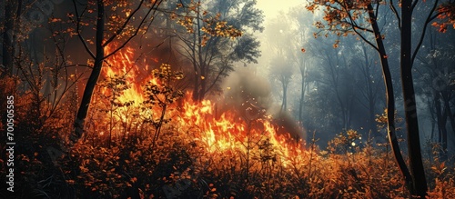 Forest fire burning grass and small trees. Creative Banner. Copyspace image