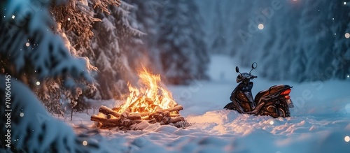 bonfire with a snowscooter in the background. Creative Banner. Copyspace image