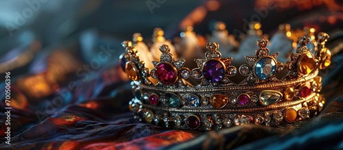 Beautiful jewel crown with ruby and diamond stones on velvet with color and blur effects Jewelry crown decoration item. Creative Banner. Copyspace image