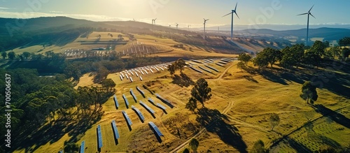 Aerial drone view of the hybrid Gullen Solar Farm and Gullen Range Wind Farm for renewable clean energy supply located at Bannister in the Upper Lachlan Shire NSW Australia. Creative Banner