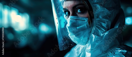 look of a doctor s girl in a suit for bacteriological protection Pandemic. Creative Banner. Copyspace image