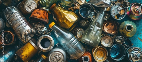Large amount of metal tins cans and jars for recycling Aluminum metal food and drink sorted scraps Steel packaging Zero waste and recycle of domestic waste at home concept No pollution
