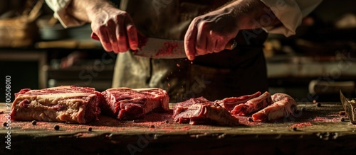Close up butcher working separate the bone from the meat with a knife at table in the slaughterhouse Wagyu Beef Meat industry. Creative Banner. Copyspace image