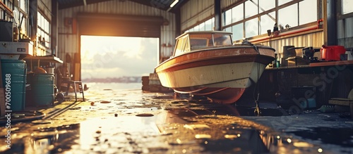 Boat on the stand in the marine workshop on the beautiful sunny day a place for maintenance and parking boats. Creative Banner. Copyspace image