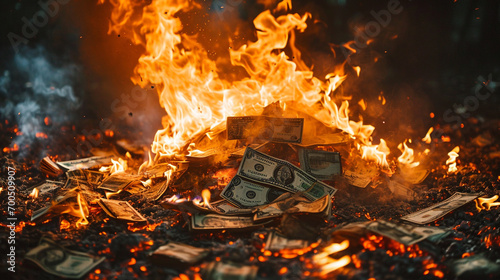 A pile of money on fire is a powerful image that can be interpreted in many ways. It can represent the destruction of wealth and power. ai generated.