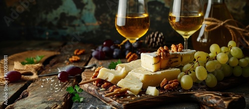 Girl holding piece of parmesan cheese on a skewer and wooden plate with cheese Delicious cheese mix with walnuts honey Food for wine. Creative Banner. Copyspace image