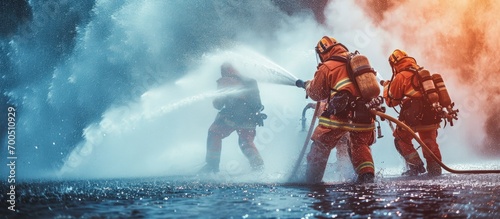 Firefighter holding high pressure fire hose nozzle Firefighters training Water jet splashing. Creative Banner. Copyspace image