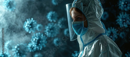 look of a doctor s girl in a suit for bacteriological protection Pandemic. Creative Banner. Copyspace image