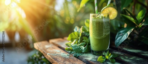 Fresh Juice Smoothie Made with Organic Greens Spirulina Protein Powders. Creative Banner. Copyspace image