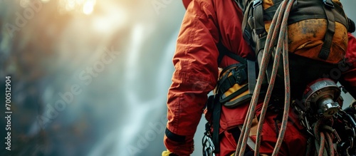 fearless fireman during an exercise carries the stretcher with the climbing rope. Creative Banner. Copyspace image