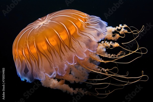 Olindias formosa rare colored jellyfish close-up, dark background. AI generated.