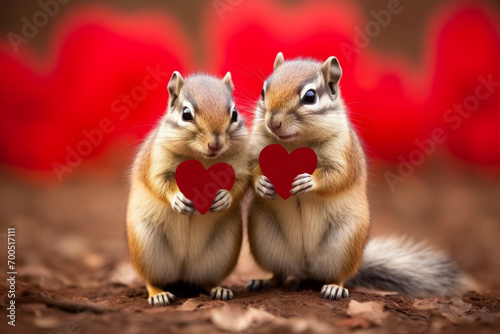 Pareja de ardillas enamoradas entregando sus corazones.