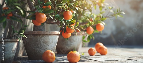 Grapefruit trees with ripe fruits in large flowerpots. Creative Banner. Copyspace image