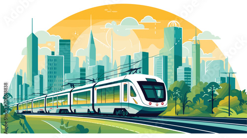 mobility revolution in a vector scene featuring electric trains seamlessly navigating through city landscapes. 
