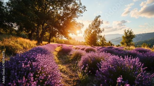 A serene lavender field at sunset with warm sunlight bathing the purple blooms and a scenic countryside backdrop.