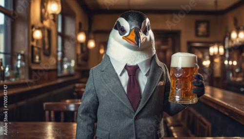  a penguin dressed in a suit and tie holding a beer in front of a bar with a penguin wearing a suit and tie holding a glass of beer in his hand.