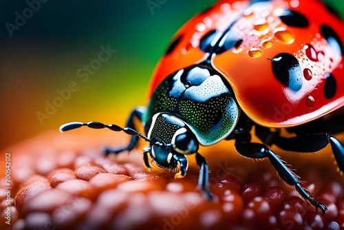 Get an up-close view of a ladybug, showcasing its vibrant colors, spots, and the texture of its tiny shell, background image, generative AI