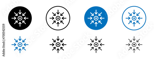 Specific line icon set. Focus arrows sign. Concentrate symbol in black and blue color.