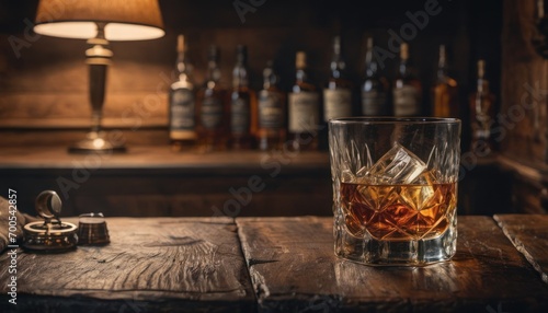  a glass of whiskey sitting on top of a wooden table next to a bottle of liquor and a corkscrew with a bottle opener on the side of the glass.