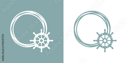 Logo Nautical. Marco circular con líneas con silueta de timón de barco