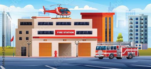Fire station building with fire truck and helicopter on cityscape background. Fire department and city landscape vector cartoon illustration