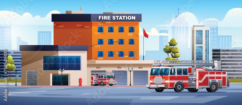 Fire station building with fire trucks on cityscape background. Fire department. City landscape vector cartoon illustration