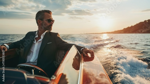 Man in luxury boat, businessman boat trip in sea