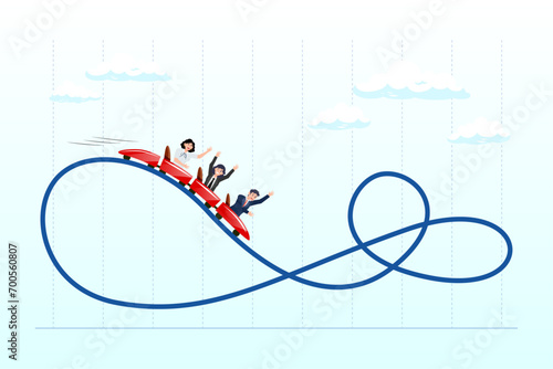 People investors riding roller coaster on fluctuated market chart, investment volatility metaphor of riding roller coaster, financial stock market fluctuation rising up and falling down (Vector)