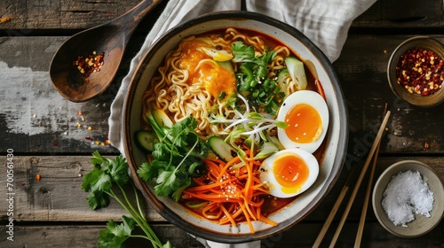 Spicy Ramen Bowl: An aromatic ramen bowl with noodles, broth, vegetables, and a soft-boiled egg