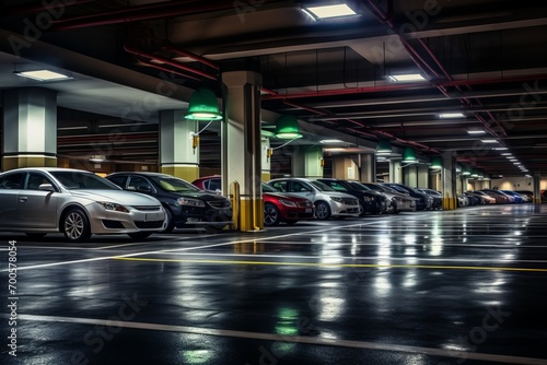 Underground parking lot with cars, parking under an office building or shopping center