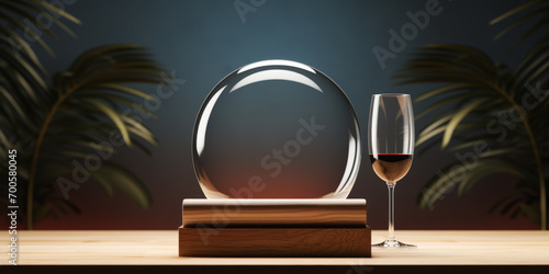 Wine, bar, restaurant Concept. Wine glass podium on wooden table with wine glass.
