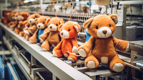 Production of new goods at the factory, modern technologies. Soft toy bear